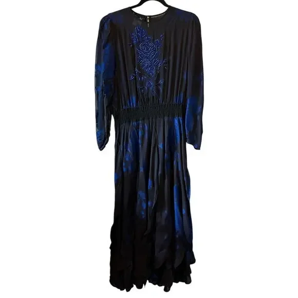 Vintage Diane Freis Silk Dress Beaded Floral Smocked Waist Hong Kong